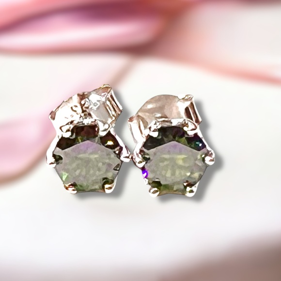 Dark Green Moissanite Stud Earrings in Sterling Silver 925  , Top Grade VVS - Picture 3 of 7